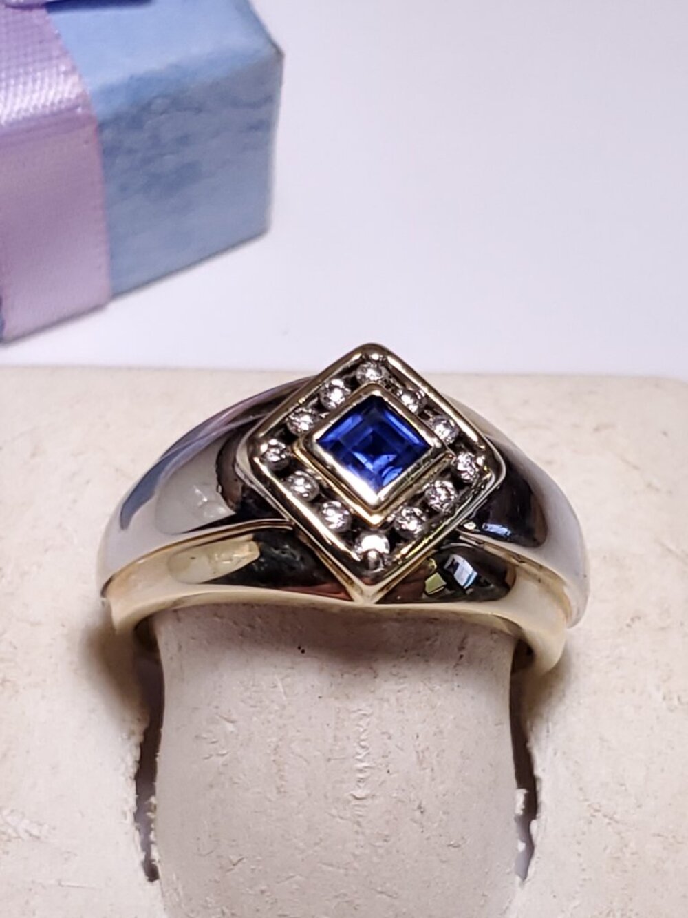 Estate .82ctw Natural Princess Sapphire & Diamond 10Kt YG S-10 Gents Ring #24753